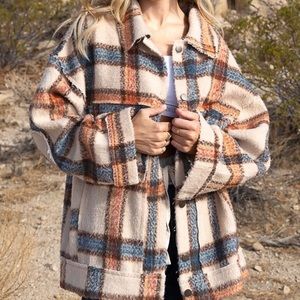 POL Plaid Shacket - Blue & Rust Orange